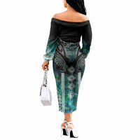 Aotearoa Maori Iwi Heritage Off The Shoulder Long Sleeve Dress Ngati Kahungunu Paua Shell Turquoise LT7 - Polynesian Pride