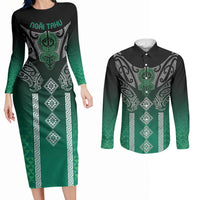 Aotearoa Maori Iwi Heritage Couples Matching Long Sleeve Bodycon Dress and Long Sleeve Button Shirt Ngai Tahu Pounamu Green LT7 Jade Green - Polynesian Pride