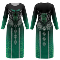 Aotearoa Maori Iwi Heritage Couples Matching Long Sleeve Bodycon Dress and Long Sleeve Button Shirt Ngai Tahu Pounamu Green LT7 - Polynesian Pride