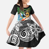 Tropical Christmas Polynesian Family Matching Short Sleeve Bodycon Dress and Hawaiian Shirt Funny Surfing Pineapple LT7 Daughter's Dress Black - Polynesian Pride