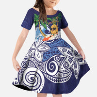 Tropical Christmas Polynesian Family Matching Short Sleeve Bodycon Dress and Hawaiian Shirt Funny Surfing Pineapple Blue LT7 Daughter's Dress Blue - Polynesian Pride