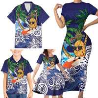 Tropical Christmas Polynesian Family Matching Short Sleeve Bodycon Dress and Hawaiian Shirt Funny Surfing Pineapple Blue LT7 - Polynesian Pride