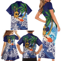 Tropical Christmas Polynesian Family Matching Short Sleeve Bodycon Dress and Hawaiian Shirt Funny Surfing Pineapple Blue LT7 - Polynesian Pride
