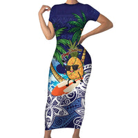 Tropical Christmas Polynesian Family Matching Short Sleeve Bodycon Dress and Hawaiian Shirt Funny Surfing Pineapple Blue LT7 Mom's Dress Blue - Polynesian Pride