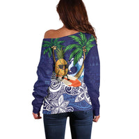 Tropical Christmas Polynesian Off Shoulder Sweater Funny Surfing Pineapple Blue