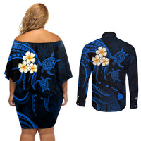 Hawaii Couples Off Shoulder Short Dress and Long Sleeve Button Shirts Niihau Islands Polynesian Sunset Plumeria Blue Vibe LT9 - Polynesian Pride