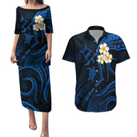 Hawaii Couples Puletasi Dress and Hawaiian Shirt Niihau Islands Polynesian Sunset Plumeria Blue Vibe LT9 Blue - Polynesian Pride