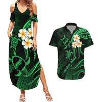Hawaii Couples Summer Maxi Dress and Hawaiian Shirt Niihau Islands Polynesian Sunset Plumeria Green Vibe LT9 Green - Polynesian Pride