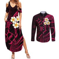 Hawaii Couples Summer Maxi Dress and Long Sleeve Button Shirts Niihau Islands Polynesian Sunset Plumeria Pink Vibe LT9 Pink - Polynesian Pride