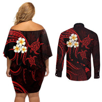 Polynesian Hawaii Couples Off Shoulder Short Dress and Long Sleeve Button Shirts Niihau Islands with Pacific Plumeria Red Vibe LT9 - Polynesian Pride