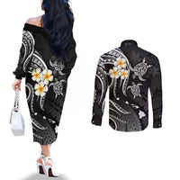 Polynesian Hawaii Couples Off The Shoulder Long Sleeve Dress and Long Sleeve Button Shirts Niihau Islands with Pacific Plumeria White Vibe LT9 - Polynesian Pride