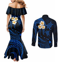 Hawaii Couples Mermaid Dress and Long Sleeve Button Shirts Molokai Islands Polynesian Sunset Plumeria Blue Vibe LT9 - Polynesian Pride