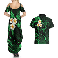 Hawaii Couples Summer Maxi Dress and Hawaiian Shirt Molokai Islands Polynesian Sunset Plumeria Green Vibe LT9 - Polynesian Pride