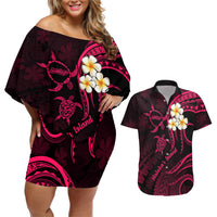 Hawaii Couples Off Shoulder Short Dress and Hawaiian Shirt Molokai Islands Polynesian Sunset Plumeria Pink Vibe LT9 Pink - Polynesian Pride