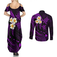 Polynesian Hawaii Couples Summer Maxi Dress and Long Sleeve Button Shirts Molokai Islands with Pacific Plumeria Purple Vibe LT9 - Polynesian Pride