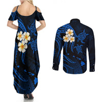 Hawaii Couples Summer Maxi Dress and Long Sleeve Button Shirts Lanai Islands Polynesian Sunset Plumeria Blue Vibe LT9 - Polynesian Pride