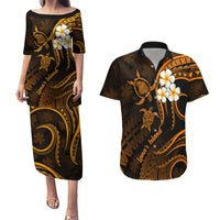 Hawaii Couples Puletasi Dress and Hawaiian Shirt Lanai Islands Polynesian Sunset Plumeria Gold Vibe LT9 Gold - Polynesian Pride