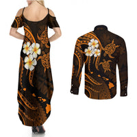 Hawaii Couples Summer Maxi Dress and Long Sleeve Button Shirts Lanai Islands Polynesian Sunset Plumeria Gold Vibe LT9 - Polynesian Pride