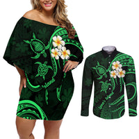 Hawaii Couples Off Shoulder Short Dress and Long Sleeve Button Shirts Lanai Islands Polynesian Sunset Plumeria Green Vibe LT9 Green - Polynesian Pride