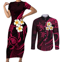 Hawaii Couples Short Sleeve Bodycon Dress and Long Sleeve Button Shirts Lanai Islands Polynesian Sunset Plumeria Pink Vibe LT9 Pink - Polynesian Pride
