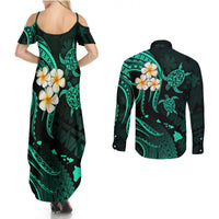 Polynesian Hawaii Couples Summer Maxi Dress and Long Sleeve Button Shirts Lanai Islands with Pacific Plumeria Turquoise Vibe LT9 - Polynesian Pride