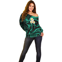 Polynesian Hawaii Off Shoulder Sweater Lanai Islands with Pacific Plumeria Turquoise Vibe LT9 - Polynesian Pride