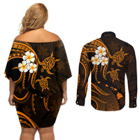 Hawaii Couples Off Shoulder Short Dress and Long Sleeve Button Shirts Kauai Islands Polynesian Sunset Plumeria Gold Vibe LT9 - Polynesian Pride