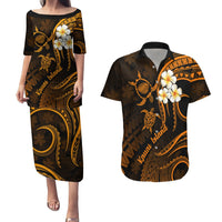 Hawaii Couples Puletasi Dress and Hawaiian Shirt Kauai Islands Polynesian Sunset Plumeria Gold Vibe LT9 Gold - Polynesian Pride