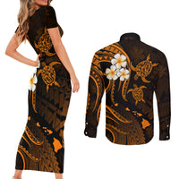 Hawaii Couples Short Sleeve Bodycon Dress and Long Sleeve Button Shirts Kauai Islands Polynesian Sunset Plumeria Gold Vibe LT9 - Polynesian Pride