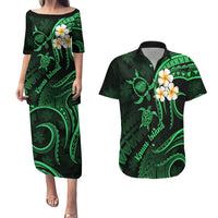 Hawaii Couples Puletasi Dress and Hawaiian Shirt Kauai Islands Polynesian Sunset Plumeria Green Vibe LT9 Green - Polynesian Pride