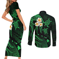 Hawaii Couples Short Sleeve Bodycon Dress and Long Sleeve Button Shirts Kauai Islands Polynesian Sunset Plumeria Green Vibe LT9 - Polynesian Pride