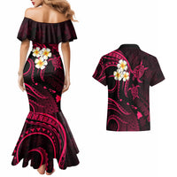 Hawaii Couples Mermaid Dress And Hawaiian Shirt Kauai Islands Polynesian Sunset Plumeria Pink Vibe LT9 - Polynesian Pride
