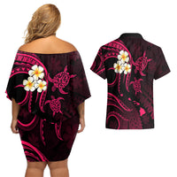 Hawaii Couples Off Shoulder Short Dress and Hawaiian Shirt Kauai Islands Polynesian Sunset Plumeria Pink Vibe LT9 - Polynesian Pride