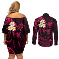 Hawaii Couples Off Shoulder Short Dress and Long Sleeve Button Shirts Kauai Islands Polynesian Sunset Plumeria Pink Vibe LT9 - Polynesian Pride