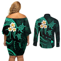 Polynesian Hawaii Couples Off Shoulder Short Dress and Long Sleeve Button Shirts Kauai Islands with Pacific Plumeria Turquoise Vibe LT9 - Polynesian Pride