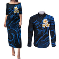 Hawaii Couples Puletasi Dress and Long Sleeve Button Shirts Kahoolawe Islands Polynesian Sunset Plumeria LT9 Blue - Polynesian Pride