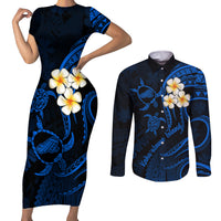 Hawaii Couples Short Sleeve Bodycon Dress and Long Sleeve Button Shirts Kahoolawe Islands Polynesian Sunset Plumeria LT9 Blue - Polynesian Pride