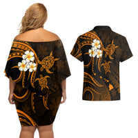 Hawaii Couples Off Shoulder Short Dress and Hawaiian Shirt Kahoolawe Islands Polynesian Sunset Plumeria Gold Vibe LT9 - Polynesian Pride