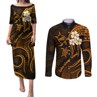 Hawaii Couples Puletasi Dress and Long Sleeve Button Shirts Kahoolawe Islands Polynesian Sunset Plumeria Gold Vibe LT9 Gold - Polynesian Pride