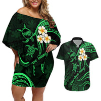 Hawaii Couples Off Shoulder Short Dress and Hawaiian Shirt Kahoolawe Islands Polynesian Sunset Plumeria Green Vibe LT9 Green - Polynesian Pride