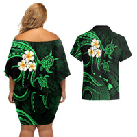 Hawaii Couples Off Shoulder Short Dress and Hawaiian Shirt Kahoolawe Islands Polynesian Sunset Plumeria Green Vibe LT9 - Polynesian Pride