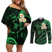 Hawaii Couples Off Shoulder Short Dress and Long Sleeve Button Shirts Kahoolawe Islands Polynesian Sunset Plumeria Green Vibe LT9 Green - Polynesian Pride