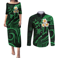 Hawaii Couples Puletasi Dress and Long Sleeve Button Shirts Kahoolawe Islands Polynesian Sunset Plumeria Green Vibe LT9 Green - Polynesian Pride