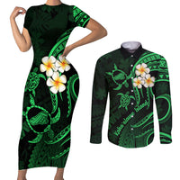 Hawaii Couples Short Sleeve Bodycon Dress and Long Sleeve Button Shirts Kahoolawe Islands Polynesian Sunset Plumeria Green Vibe LT9 Green - Polynesian Pride