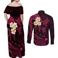 Hawaii Couples Off Shoulder Maxi Dress and Long Sleeve Button Shirts Kahoolawe Islands Polynesian Sunset Plumeria Pink Vibe LT9 - Polynesian Pride