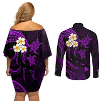 Polynesian Hawaii Couples Off Shoulder Short Dress and Long Sleeve Button Shirts Kahoolawe Islands with Pacific Plumeria Purple Vibe LT9 - Polynesian Pride