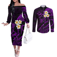 Polynesian Hawaii Couples Off The Shoulder Long Sleeve Dress and Long Sleeve Button Shirts Kahoolawe Islands with Pacific Plumeria Purple Vibe LT9 Purple - Polynesian Pride