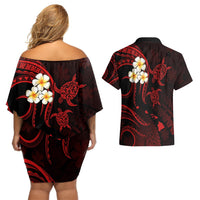 Polynesian Hawaii Couples Off Shoulder Short Dress and Hawaiian Shirt Kahoolawe Islands with Pacific Plumeria Red Vibe LT9 - Polynesian Pride