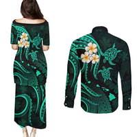 Polynesian Hawaii Couples Puletasi Dress and Long Sleeve Button Shirts Kahoolawe Islands with Pacific Plumeria Turquoise Vibe LT9 - Polynesian Pride