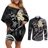 Polynesian Hawaii Couples Off Shoulder Short Dress and Long Sleeve Button Shirts Kahoolawe Islands with Pacific Plumeria White Vibe LT9 White - Polynesian Pride